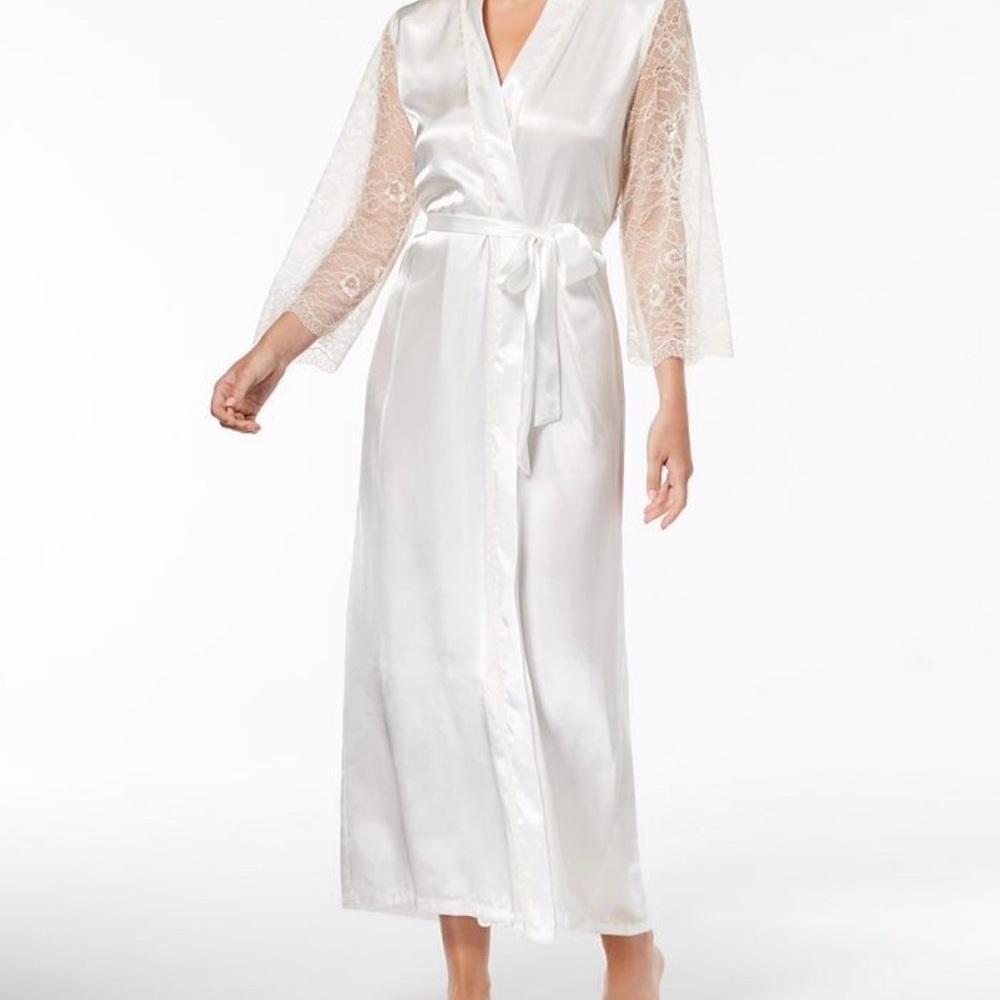 Linea Donatella Keepsake Long Satin Lace-Trim Wrap Robe – L/XL (Ivory) Romantic